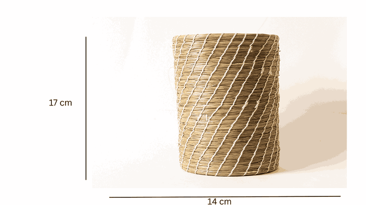 Woven basket with dimensions on a white background