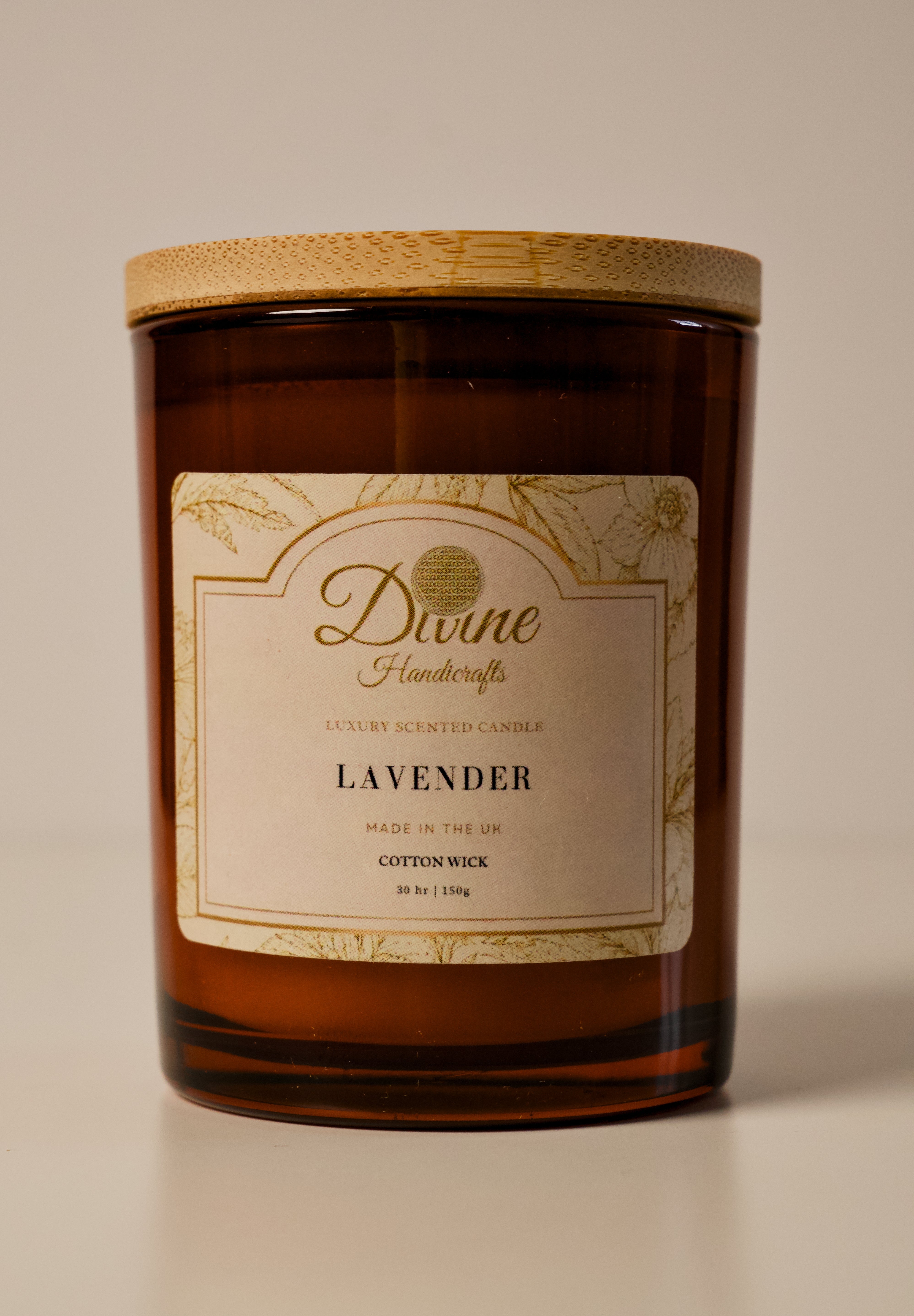Lavender Coconut Wax Candle in Amber glass . Hand poured, vegan & cruelty free!