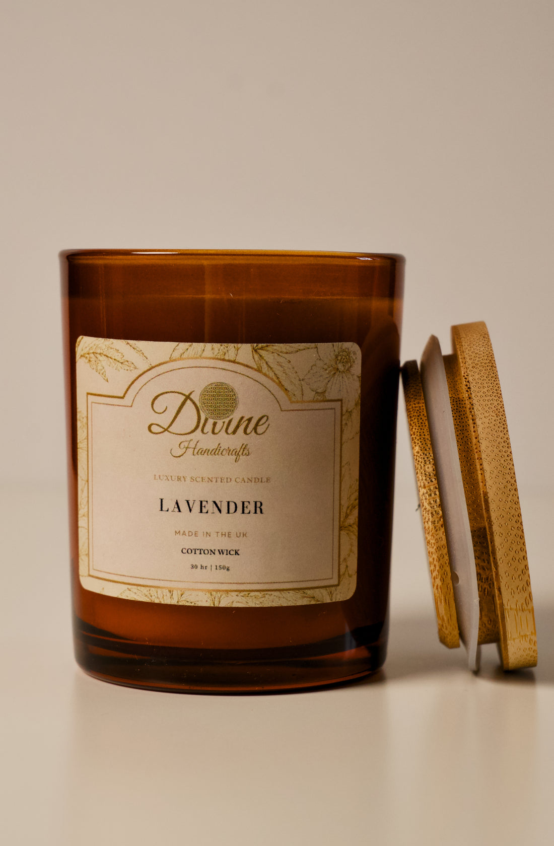 Lavender Coconut Wax Candle in Amber glass . Hand poured, vegan & cruelty free!