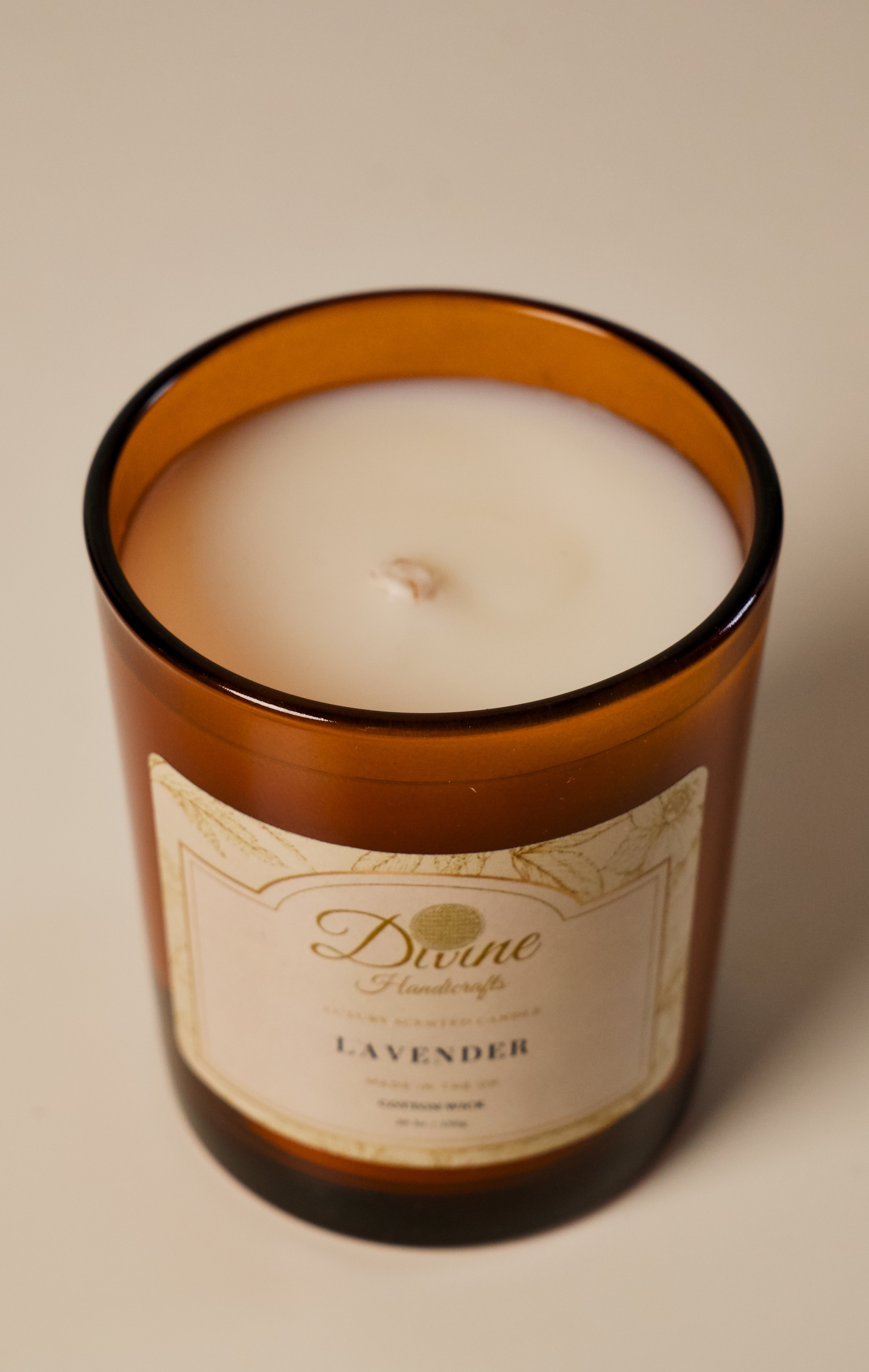 Lavender Coconut Wax Candle in Amber glass . Hand poured, vegan & cruelty free!