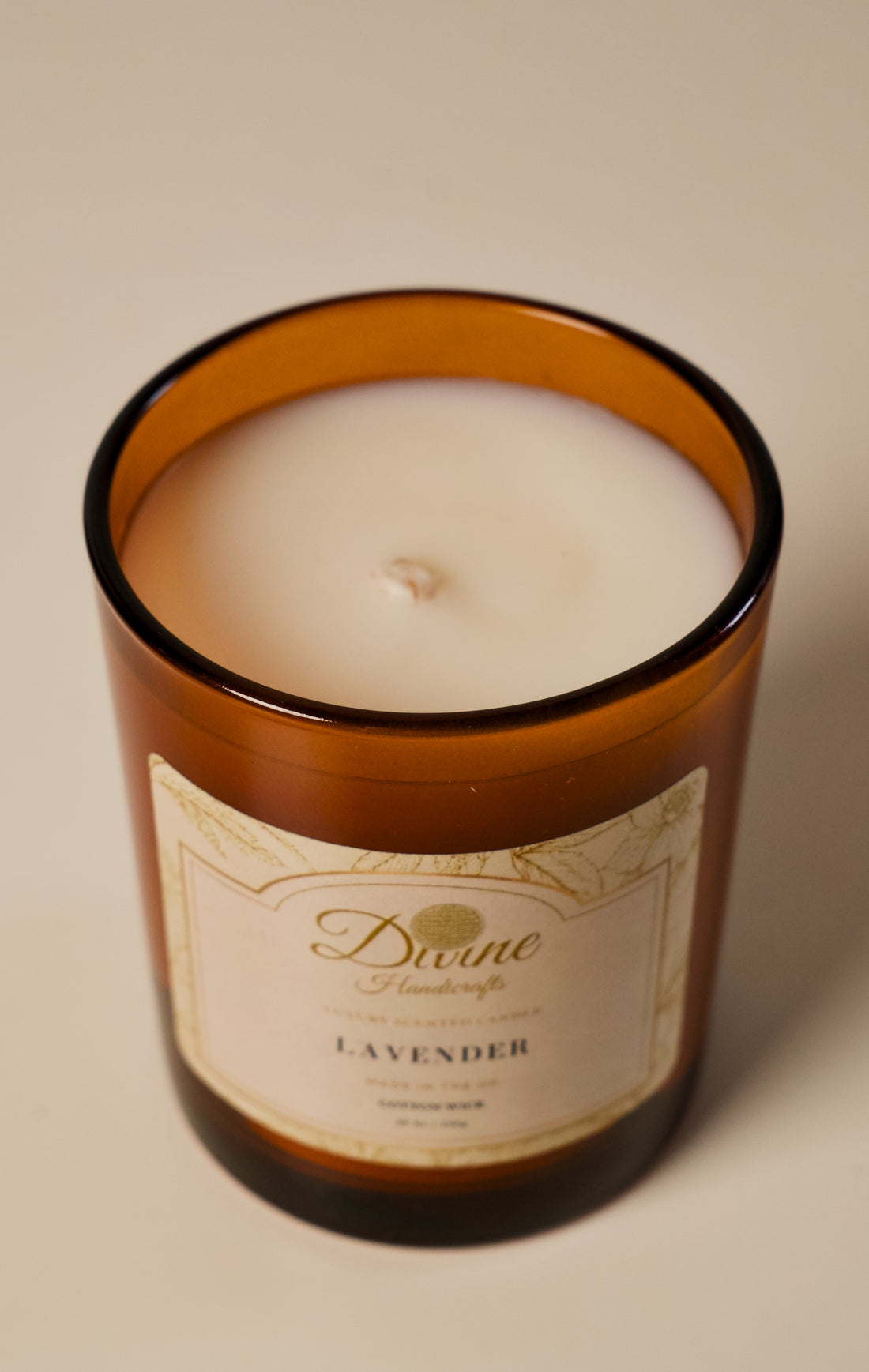 Lavender Coconut Wax Candle in Amber glass . Hand poured, vegan & cruelty free!