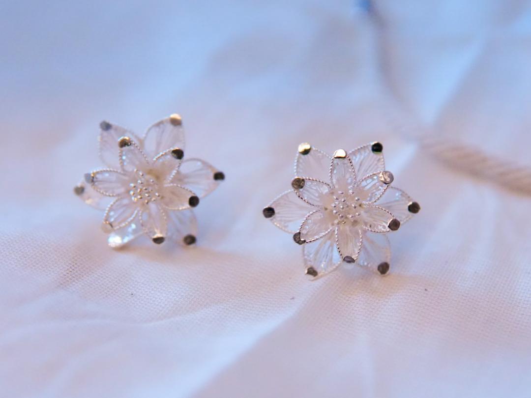 A close-up of silver filigree earrings, displaying intricate geometric patterns, placed on a soft, textured fabric.